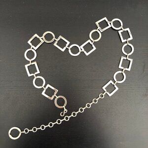 Silver Colored Metal Chain Belt with Squares and Circles, 44 inches long
